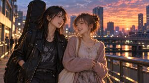 夕暮れの街を歩くギターケースを背負った女性と友人｜漫画NANAの音楽と友情を表現したイメージ