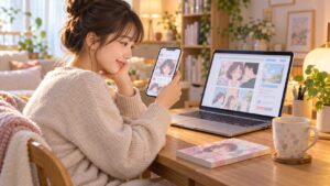 スマートフォンで漫画の投稿を楽しむ日本人女性とノートパソコン