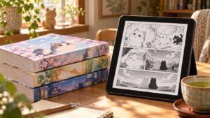 猫の漫画単行本3冊と電子書籍を表示したタブレットを並べた比較イメージ
