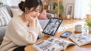 タブレットで漫画を試し読みする日本人女性とテーブルに広げた紙のコミック