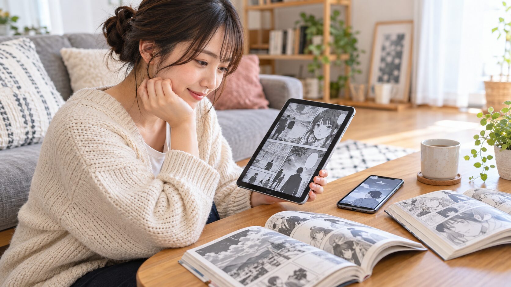タブレットで漫画を試し読みする日本人女性とテーブルに広げた紙のコミック