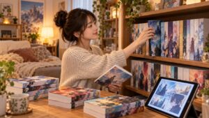 紙のファンタジー漫画とタブレットの電子コミックを並べて読み比べる様子