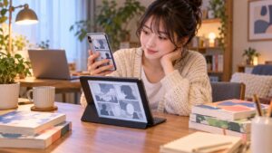 スマホとタブレットで漫画を読む女性とガチアクタの配信先比較イメージ