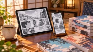 タブレットとスマホで電子漫画を読む環境と積み重ねられた漫画単行本