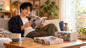 ソファで漫画単行本を読む男性とテーブルに並ぶコミックのまとめ買いイメージ