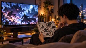 テレビでアニメを見ながら原作漫画を読む男性のイメージ