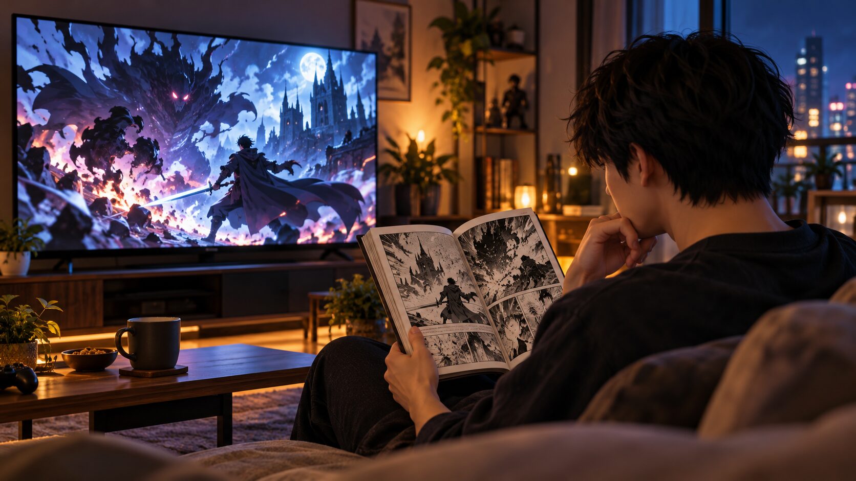 テレビでアニメを見ながら原作漫画を読む男性のイメージ