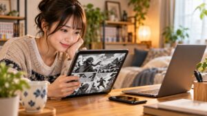 タブレットで忍者漫画を読む日本人女性と電子書籍を楽しむ読書環境