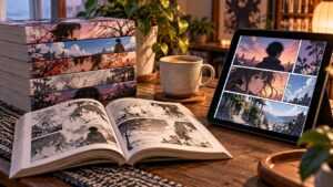 机に並べた紙の漫画単行本とタブレットの電子漫画を比較するイメージ