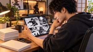 タブレットで忍者漫画を読む日本人男性と最新話を楽しむイメージ