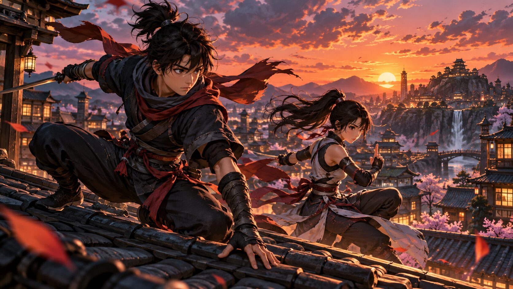 夕焼けの忍者の街で戦闘態勢を取る若い男女を描いた忍者漫画風イラスト