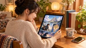 宮廷鍵師の電子書籍をイメージしたタブレットでファンタジー漫画を読む女性