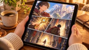 宮廷鍵師の無料試し読みをイメージしたタブレットのファンタジー漫画とコーヒー