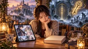 宮廷鍵師の漫画版と原作小説を比較する女性とタブレット・書籍のイメージ