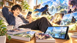 宮廷鍵師の電子書籍購入をイメージしたスマートフォンで異世界ファンタジー漫画を楽しむ男性