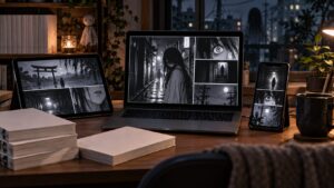 ノートパソコン・タブレット・スマートフォンでホラー漫画を読む夜の読書机