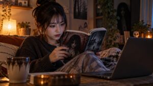 薄暗い部屋でホラー漫画を読む女性とノートパソコン