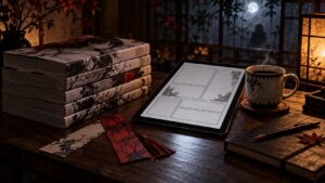 紙のホラー漫画と電子書籍用タブレット、コーヒーが並ぶ夜の読書机