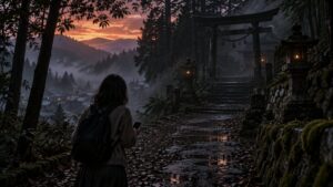 夕暮れの近畿地方をイメージした霧深い山道と不気味な神社の鳥居