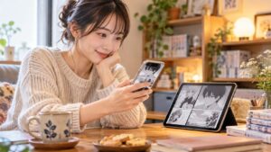 スマートフォンとタブレットで少女漫画を楽しむ日本人女性