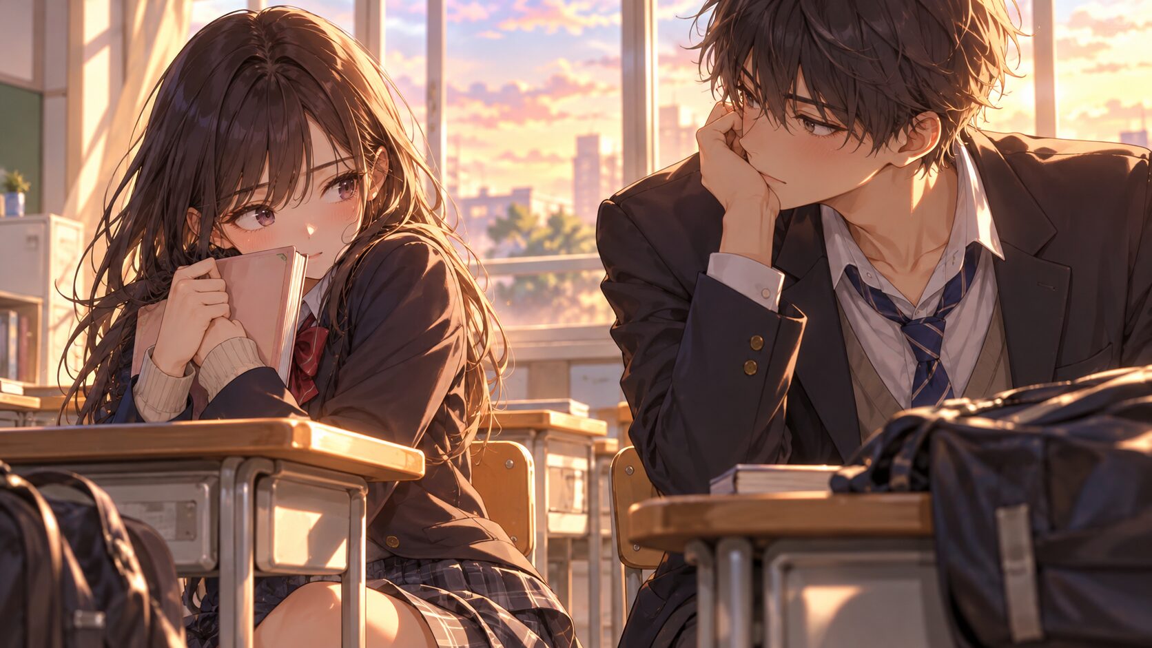 夕暮れの教室で見つめ合う男女高校生を描いた学園恋愛漫画風イラスト