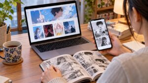 パソコンとスマートフォンで漫画の配信先を調べながら紙の漫画を読む様子