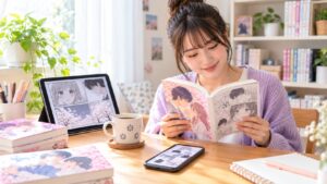 恋愛漫画を読む女性とスマートフォンやタブレットを使った電子書籍の読書イメージ
