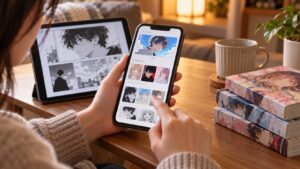 スマートフォンで漫画アプリの配信作品を探しながら電子漫画を閲覧する様子