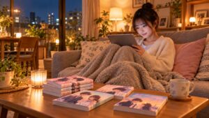 夜のリビングでソファに座りタブレットで恋愛漫画を楽しむ女性