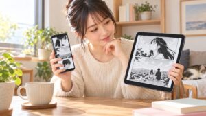 スマートフォンとタブレットで漫画を読む日本人女性