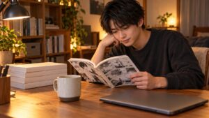 机で紙の漫画単行本を読む日本人男性