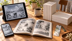 電子漫画と紙の漫画を並べて比較する読書イメージ