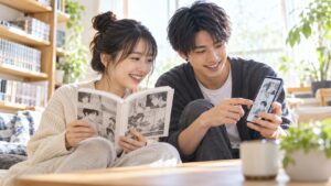 紙の漫画とスマートフォンの漫画を楽しむ日本人男女
