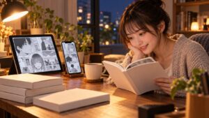 紙の漫画とタブレットで電子書籍を読む女性のイメージ