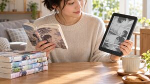紙の漫画と電子書籍を比較しながら読む女性