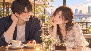照れる男性と余裕のある女性を描いたラブコメのイメージ