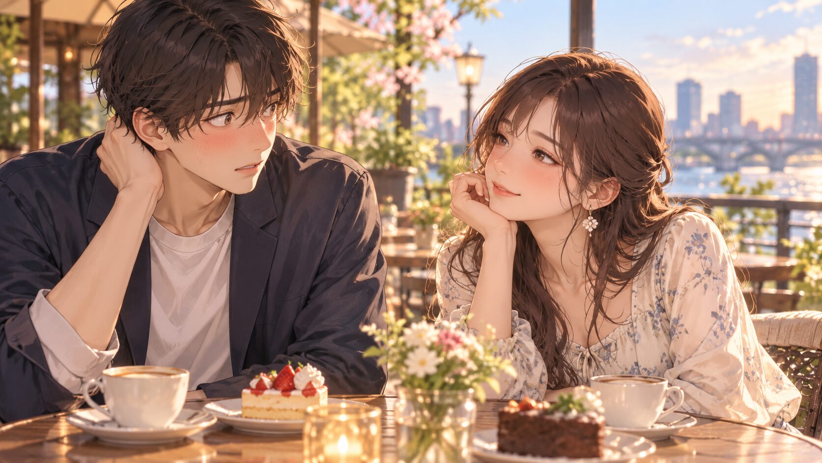 照れる男性と余裕のある女性を描いたラブコメのイメージ