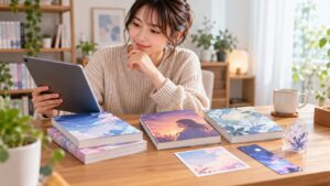 漫画単行本と電子書籍や限定特典を比較する女性