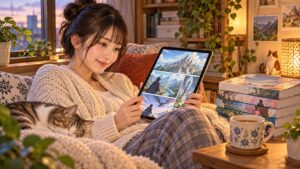 タブレットでファンタジー漫画を読む女性と、そばに積まれた漫画単行本