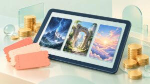 電子書籍の特典比較をイメージしたタブレットとチケット、金色のコイン
