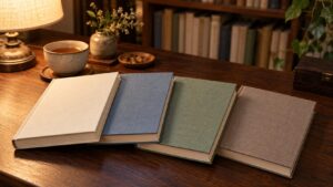 お茶と照明のある木製の机に並べた無地の本4冊