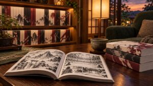 暖かな照明の読書スペースに並ぶ紙の漫画と開いた単行本