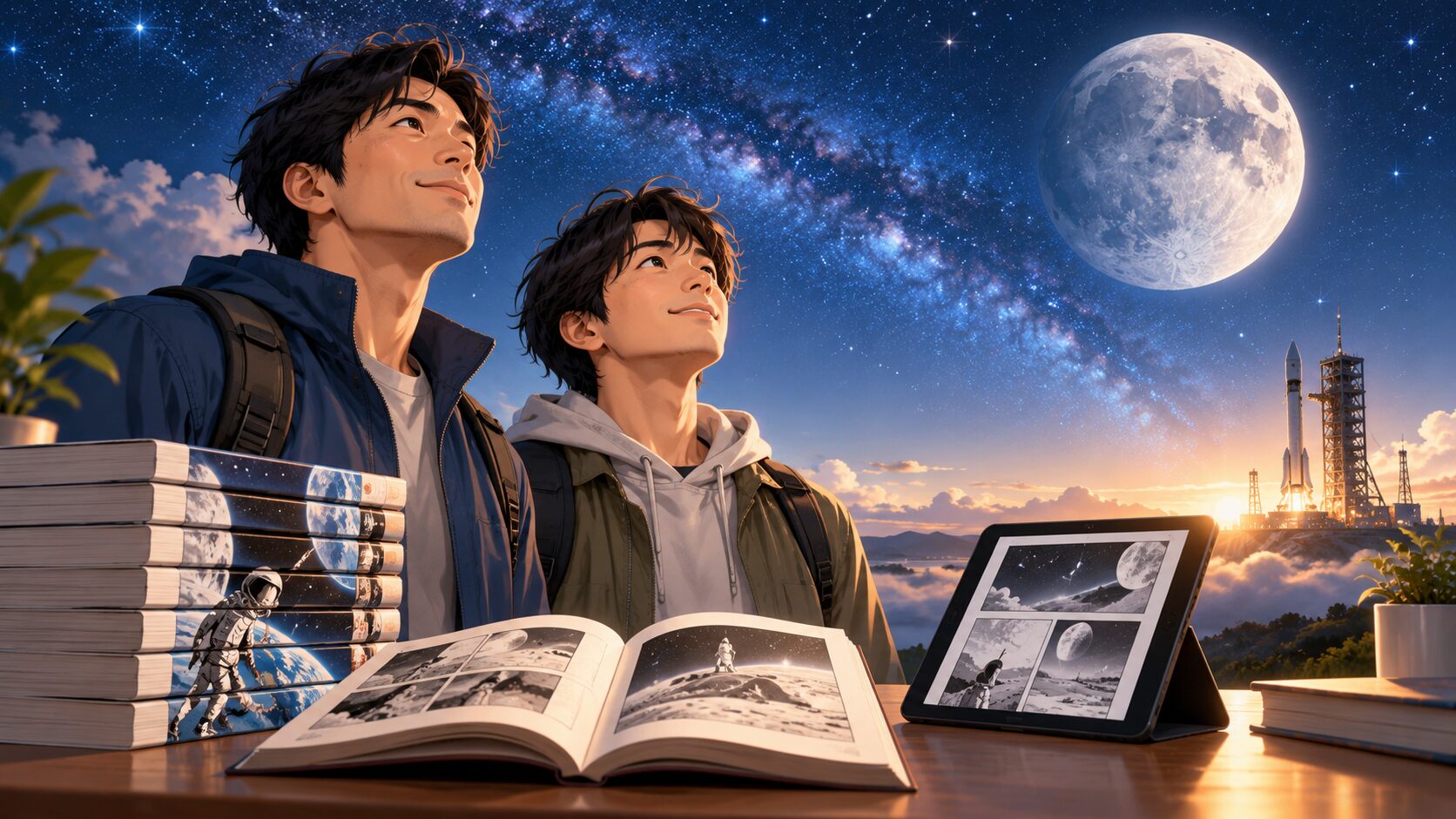 宇宙兄弟を紙の漫画と電子書籍で読むイメージと月を見上げる兄弟