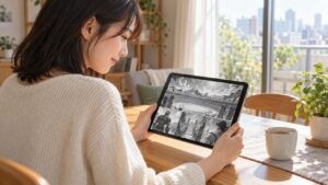 窓辺でタブレットに表示された白黒の漫画を読む日本人女性