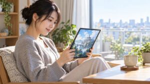 窓辺で城のイラストが表示されたタブレットを見る女性